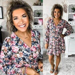SALE! Andree By Unit Floral Print Long Sleeve Dress in Navy Multi S-L 94292-1